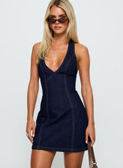 Say Goodnight Denim Halter Mini Dress Mid Wash
