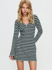 Morgen Asymmetrical Long Sleeve Mini Dress Grey / Green Stripe