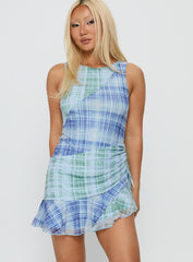 Timelapse Asymmetrical Splice Mini Dress Blue / Green Plaid
