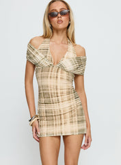 Head Start Layered Mini Dress Beige Plaid