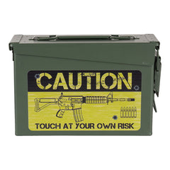 101 Inc Ammobox cal. 30 i militærgrøn med CAUTION-advarsel og rifleskildring.