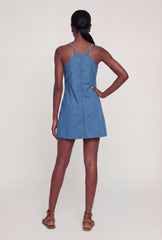 Chambray Sleeveless V Neck Shift Dress