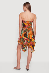 Tropical Print Handkerchief Hem Smocked Strapless Dress