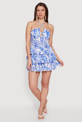 Palm Tree Print Ruffle Tiered Criss Cross Halter Mini Dress