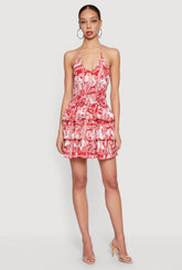Patterned Keyhole Ruffle Tiered Halter Dress
