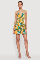 Tropical Border Print Smocked Tiered Ruffle Halter Dress