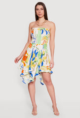 Fruit Print Handkerchief Hem Smocked Strapless Dress