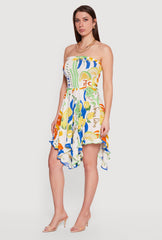 Fruit Print Handkerchief Hem Smocked Strapless Dress