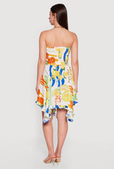 Fruit Print Handkerchief Hem Smocked Strapless Dress