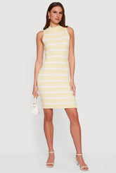 Ribbed Knit Striped Sleeveless Mock Neck Sweater Dress