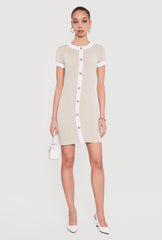 Contrast Trim Ribbed Knit Mini Dress with Faux Buttons