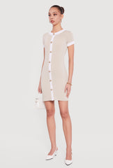 Contrast Trim Ribbed Knit Mini Dress with Faux Buttons