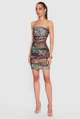 Palm Tree Print Mesh Ruched Mini Tube Dress