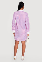 Striped Poplin Button Front Mini Shirt Dress