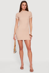 Textured Knit Mock Neck Short Sleeve Mini Dress