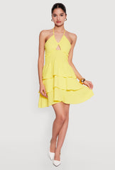 Smocked Tiered Ruffle Halter Neck Mini Dress