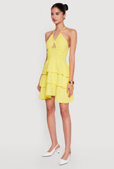 Smocked Tiered Ruffle Halter Neck Mini Dress