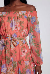 Floral Off The Shoulder Tie Waist Belted Mini Dress
