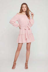 Crepe Knit Long Sleeve Tiered Off The Shoulder Dress