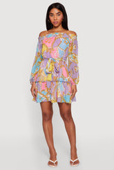 Chain Print Off The Shoulder Tie Waist Belted Dress