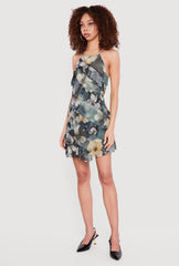 Floral Mesh Ruffle Trim Halter Mini Dress
