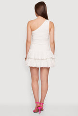 Textured Knit One Shoulder Eyelet Tiered Mini Dress