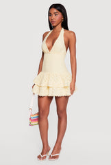 Eyelet Plunge Halter Ruffle Tiered Mini Dress