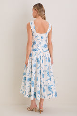 Cream & Blue Floral Pearl Trim Persephone Maxi Dress