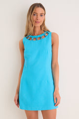 Aqua Linen Beaded Dottie Mini Dress