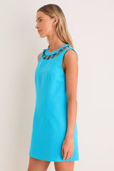 Aqua Linen Beaded Dottie Mini Dress