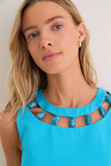 Aqua Linen Beaded Dottie Mini Dress