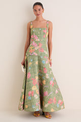 Cactus Multi Floral Raffia Poplin Square Neck Dress
