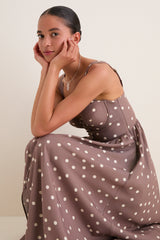 Cardamom and Ecru Polka Dot Rosette Maxi Dress