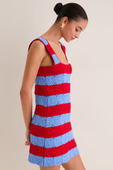 Cornflower Blue & Red Crochet Cooper Mini Dress