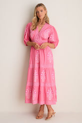 Raton Pink V-Neck Puffed Sleeve Maxi Dress