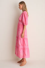 Raton Pink V-Neck Puffed Sleeve Maxi Dress