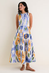 Blue Watercolor Ikat Clodette Maxis Dress