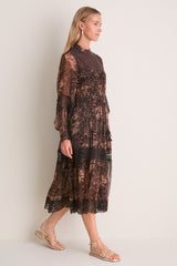 Brown Luisa Print Long Sleeve Dress