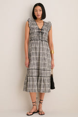 Black and Ivory Plaid Lacey Smocked Tie Front Midi Dress