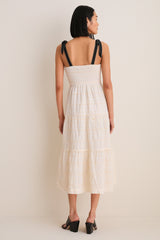 Cream Jayla Embroidery Eyelet Smocked Midi Dress