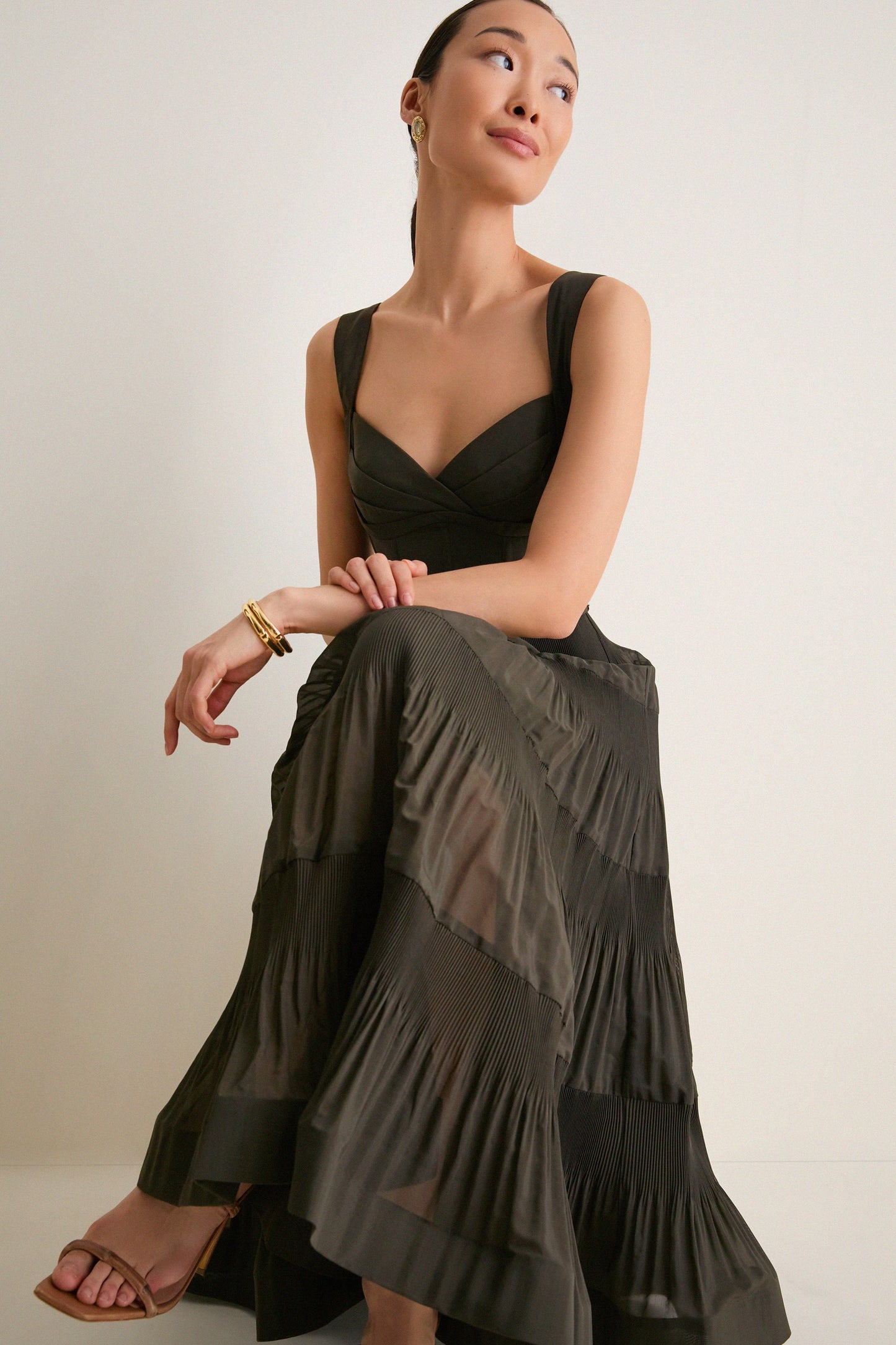 Olive Pleated Draped Midi Dress