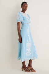 Light Blue Embroidery Short Sleeve Midi Dress