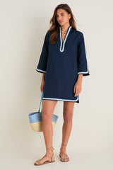 Navy Cotton Linen Contrast Trim Sabine Tunic Dress