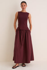 Dark Cherry Boatneck Mix Media Midi Dress