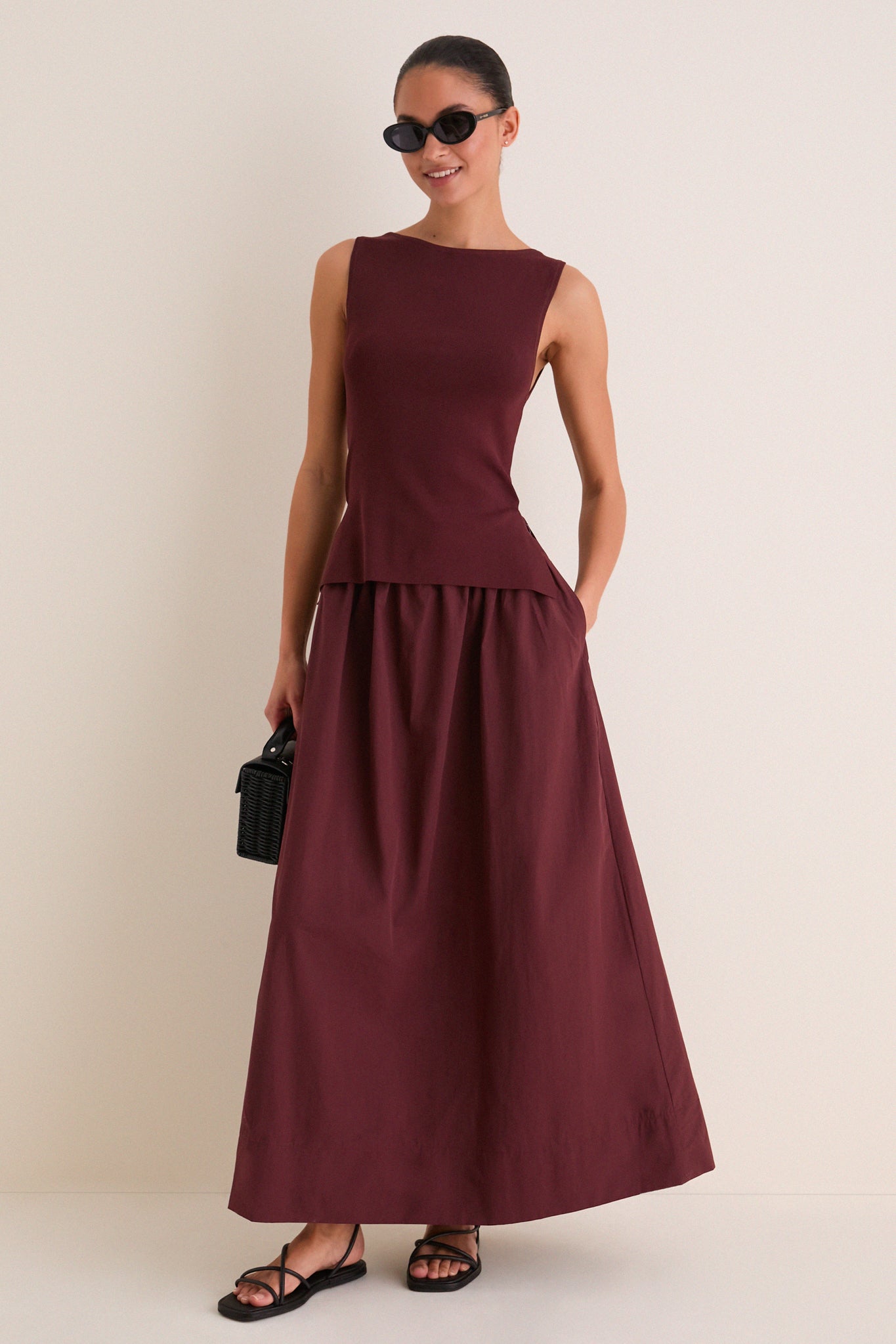 Dark Cherry Boatneck Mix Media Midi Dress