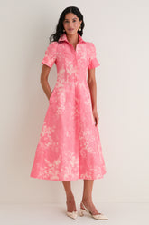 Rose Bouquet Blossom Pink Floral Print Linen Chine Midi Shirt Dress