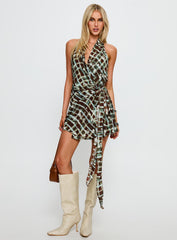Brissa Halter Wrap Mini Dress Brown Multi
