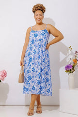 Tranquil Time Floral Midi Dress in Ocean Blue Curves
