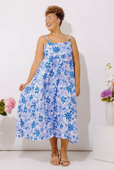 Tranquil Time Floral Midi Dress in Ocean Blue Curves