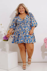Whispering Muse Floral Mini Dress In Ocean Blue Curves